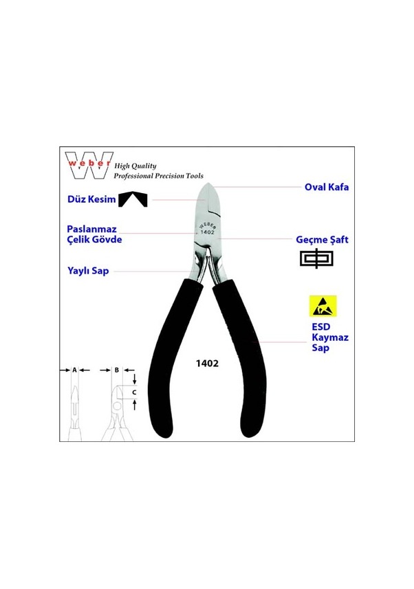Weber 1402 Paslanmaz Çelik Elektronikçi Yan Keski-Yaylı 115 MM
